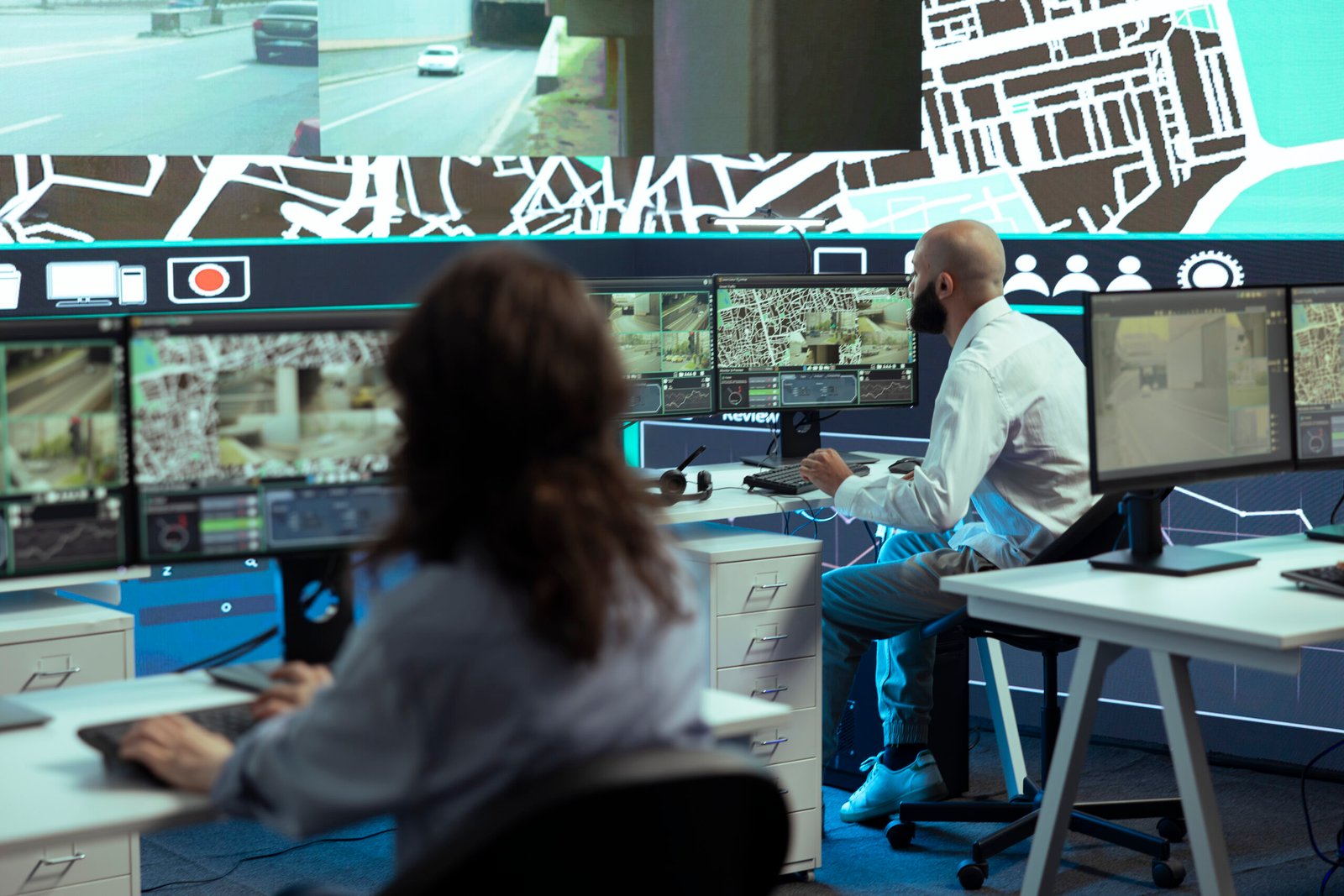Diverse employees giving gps coordinates to couriers via satellite navigation, using city map to avoid traffic for express delivery service. Operators communicating routes for trucks.